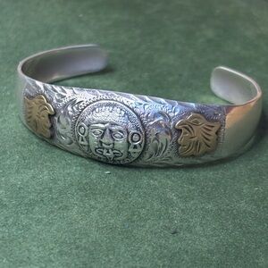 Vintage Mexican Silver Cuff Bracelet Engraved Aztec Calendar